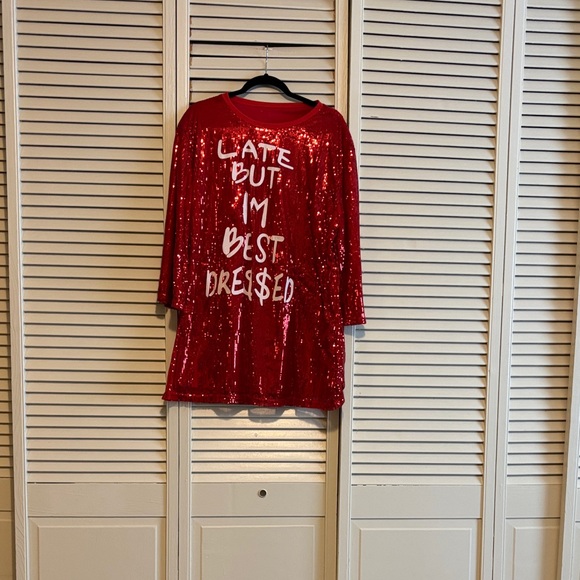 Tops - Red Sequin Dress with Bold Text